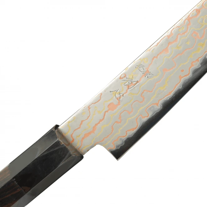 Hatsukokoro Hayabasa Blue2 Rainbow Damascus Copper/Brass – Octagonal Ebony Handle 150mm Petty Knife 4 Hatsukokoro Hayabasa Blue2 Rainbow Damascus Copper/Brass – Octagonal Ebony Handle 150mm Petty Knife - Image 2