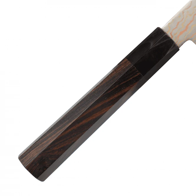 Hatsukokoro Hayabasa Blue2 Rainbow Damascus Copper/Brass – Octagonal Ebony Handle 150mm Petty Knife 5 Hatsukokoro Hayabasa Blue2 Rainbow Damascus Copper/Brass – Octagonal Ebony Handle 150mm Petty Knife - Image 3