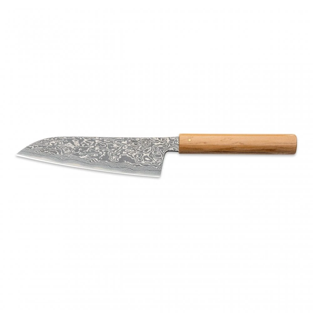 Hinoura Tsukasa FAN OUT Hinoura Tsukasa 16.5cm Santoku Black Mushin Damascus Natural Handle 3 Hinoura Tsukasa FAN OUT Hinoura Tsukasa 16.5cm Santoku Black Mushin Damascus Natural Handle
