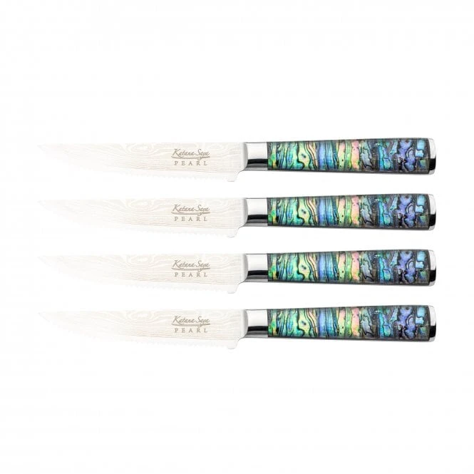 Katana Saya Pearl 4-Piece Steak Knife Set – Iridescent Abalone Handle VG-10 Japanese Steel 3 Katana Saya Pearl 4-Piece Steak Knife Set – Iridescent Abalone Handle VG-10 Japanese Steel