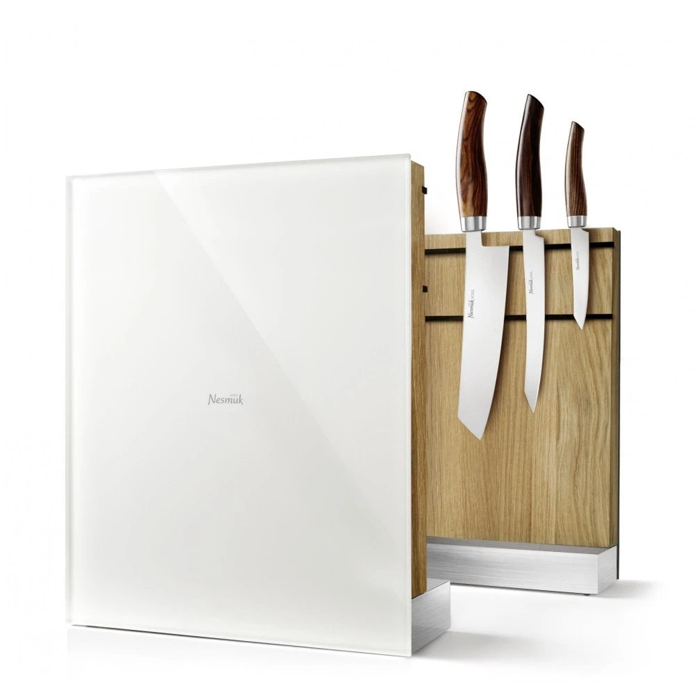 Nesmuk White Glass and Light Oak Magnetic Knife Block – Premium 6-Slot Stainless Steel Base Holder 3 Nesmuk White Glass and Light Oak Magnetic Knife Block – Premium 6-Slot Stainless Steel Base Holder