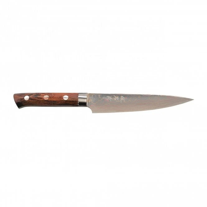Takeshi Saji Rainbow Damascus 13.5cm Petty Knife – Aogami Core & Ironwood Handle 3 Takeshi Saji Rainbow Damascus 13.5cm Petty Knife – Aogami Core & Ironwood Handle